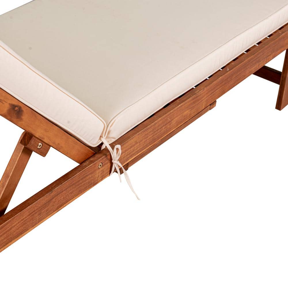 Seabrook 69" Acacia Wood Outdoor Lounger with Cream Cushion and Slide Table