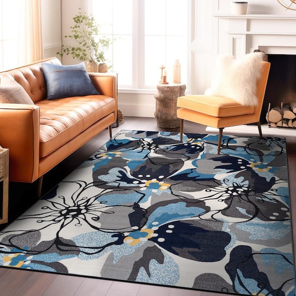 Contemporary Large Floral Non-Slip (Non-Skid) Gray 4 ft.  x 6 ft.  Indoor Area Rug