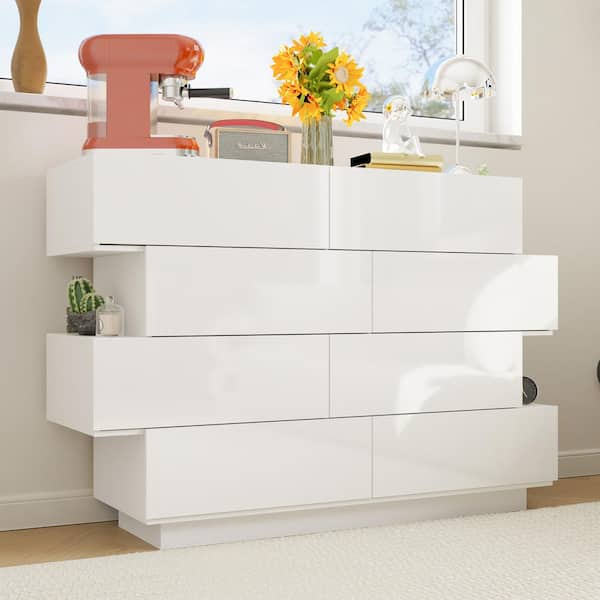 FUFU&GAGA 50.6 in. W High Gloss White Wood 8-Drawer Double Dresser Modern Style, 16.2 in. D x 39.2 in. H