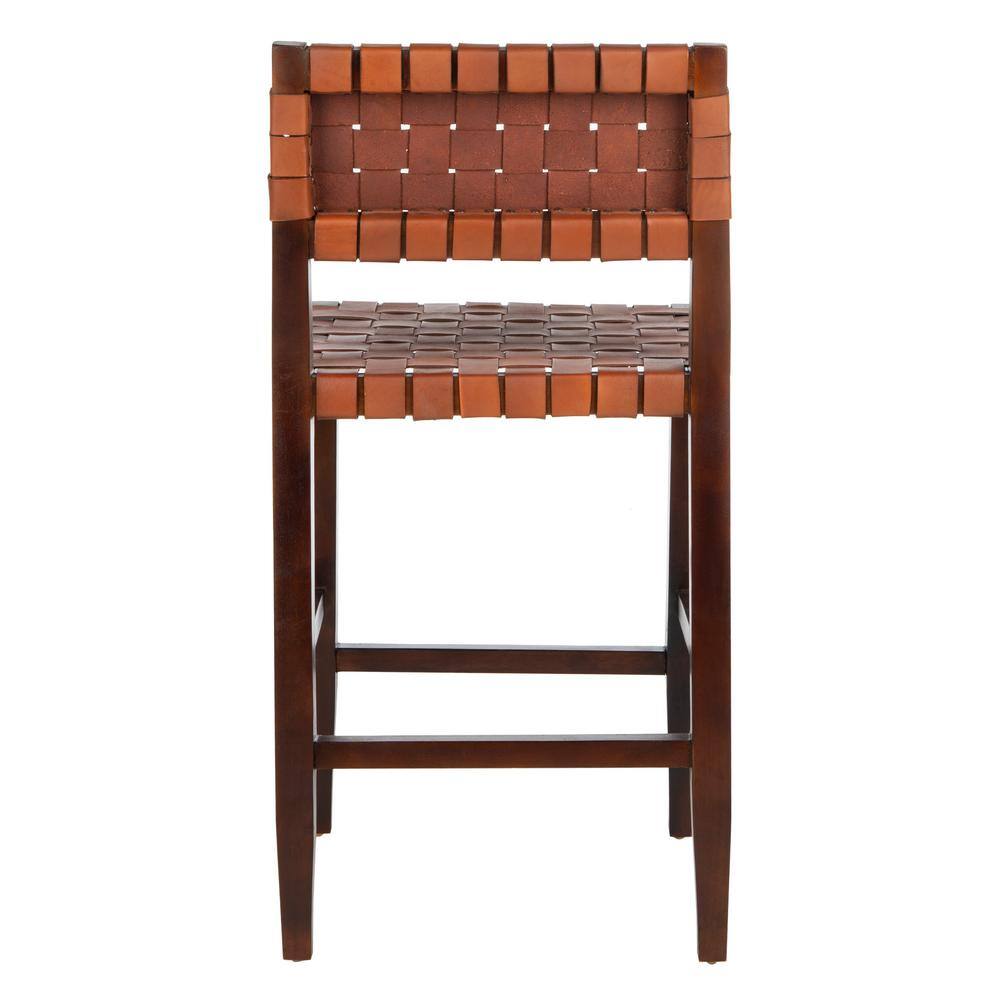 Cognac Woven Leather and Walnut Counter Stool
