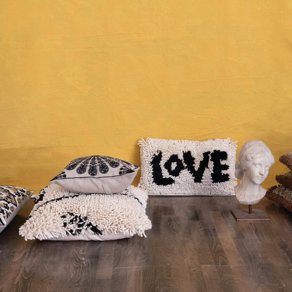 Black and Cream Woven Wool Shag Lumbar Pillow with Love Design