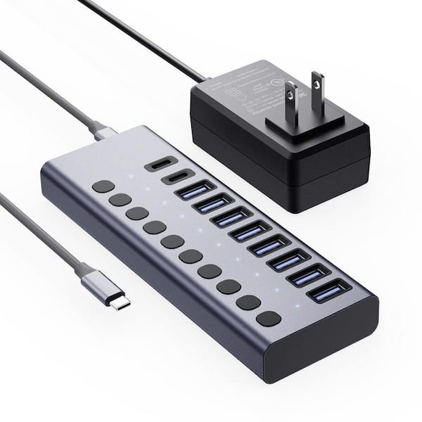 Lukyamzn 10 Ports USB C 3.2 Hub 10 Gbps Data Transfer 20 V /3A Power Adapter Aluminum Housing with On/Off Switches USB Splitter