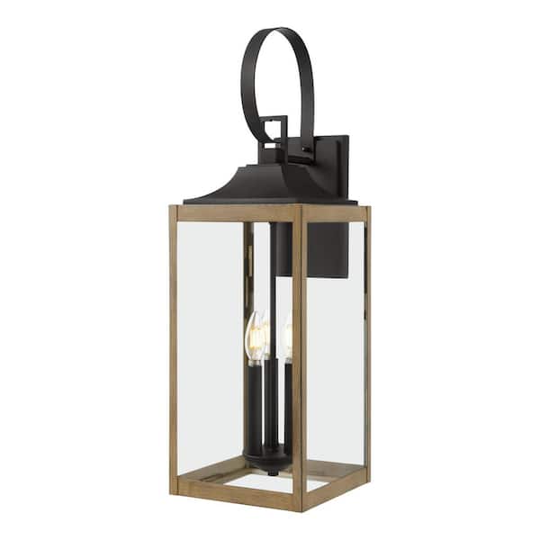 Home Decorators Collection Havenridge 27.8 in. 3-Light Gray Wood Hardwired Outdoor Wall Light Lantern Sconce with Clear Glass (1-Pack)