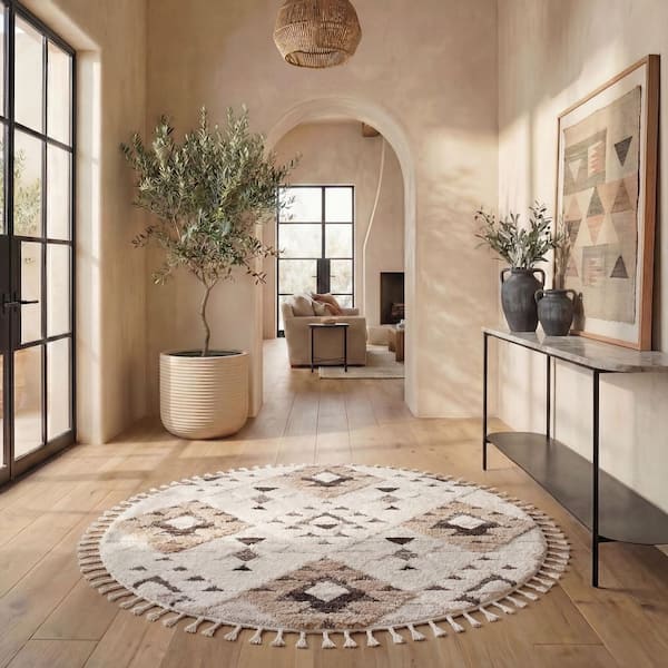 Moroccan Tassel Shag 12 ft. x 12 ft. Round Ivory/Brown High-Low Geometric Fringe Area Rug