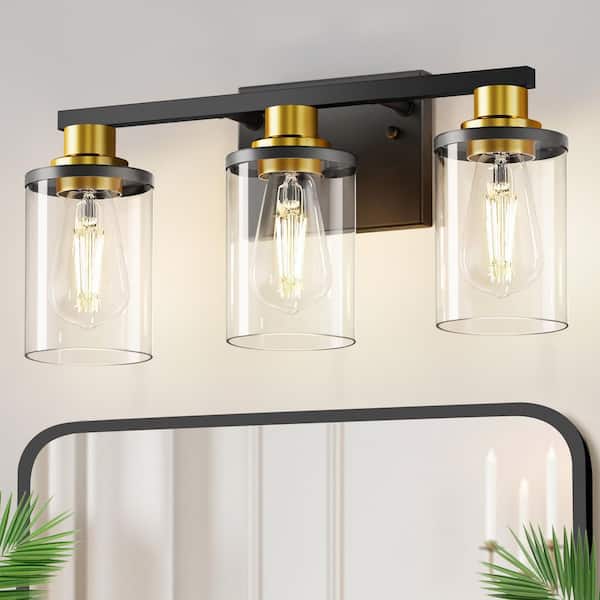 3-Light 17 in. Black and Gold  Vanity Light Fixture w/ Clear Glass Shade, E26 Socket, Traditional Bathroom Wall Lighting