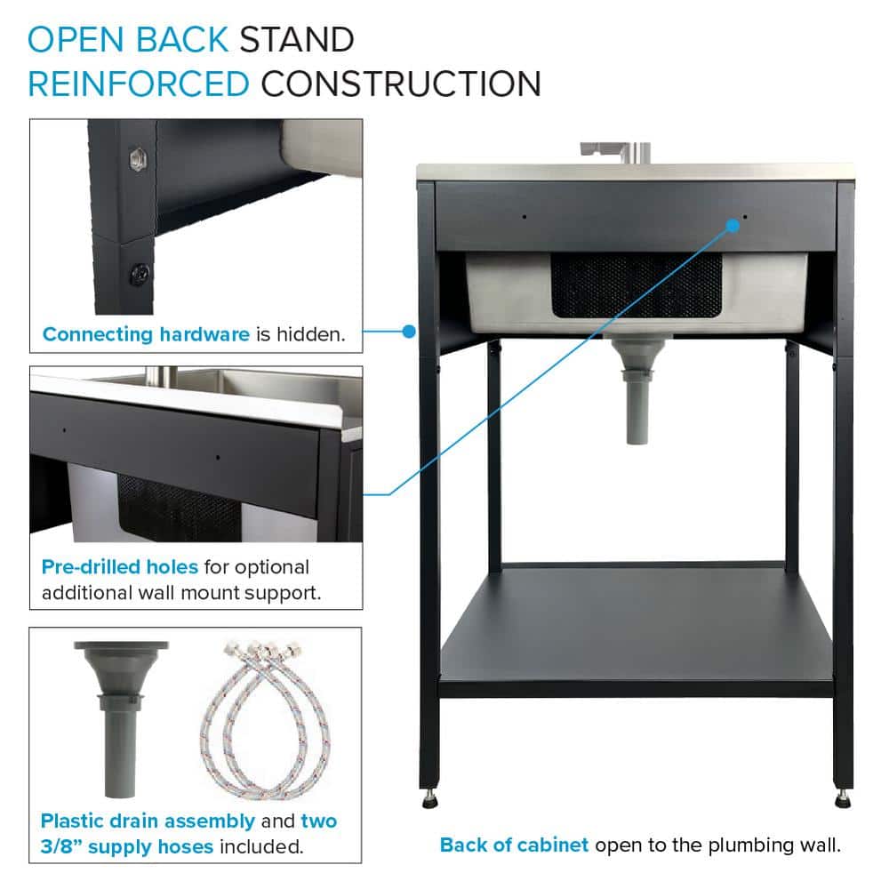 24'' Matte Black Stainless Steel Freestanding Laundry Sink with Washstand