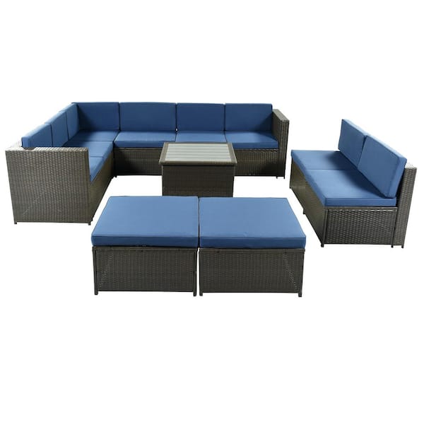 Afoxsos 9-Piece Brown Wicker Outdoor Sectional Seating Set with Blue Cushions and Ottoman, Patio Furniture Sets