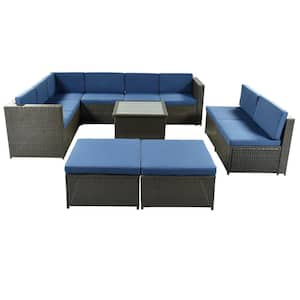 9-Piece Wicker Patio Conversation Set Brown with Blue Cushions