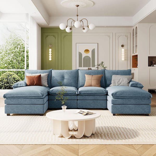 anpport Modern 115.4 in. Pillow Top Arm 4-Piece U-Shaped Chenille Sectional Sofa in Blue with Adjustable Armrest Pillows