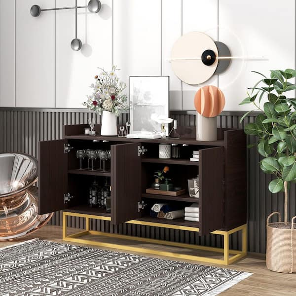 ANBAZAR Brown Wood Accent Buffet Cabinet with Hinged Doors and Adjustable Shelf, Modern Storage Sideboard with 2 Large Cabinets