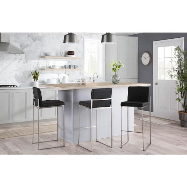 LumiSource Fuji High Back 31 in. Black Faux Leather and Stainless Steel Metal Bar Stool (Set of 3)