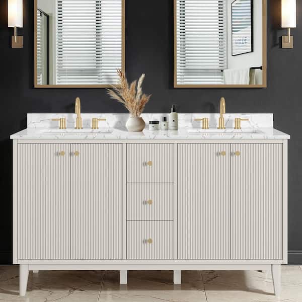 Sylvie 60 in. Double Sink Fluted Dove Bathroom Vanity with Volakas Engineered Stone Top (Assembled)