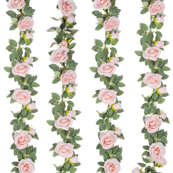 78 in. Pink Artificial Rose Vine Fake Flower Garland Fake Silk Rose Hanging Vine for Wedding Party Background (4-Pack)