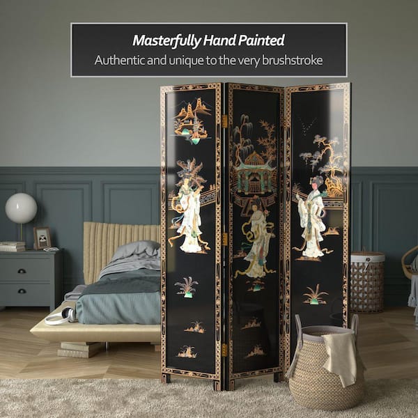 Red Lantern 6 ft. Black 3-Panel Royal Ladies Room Divider L3-MF