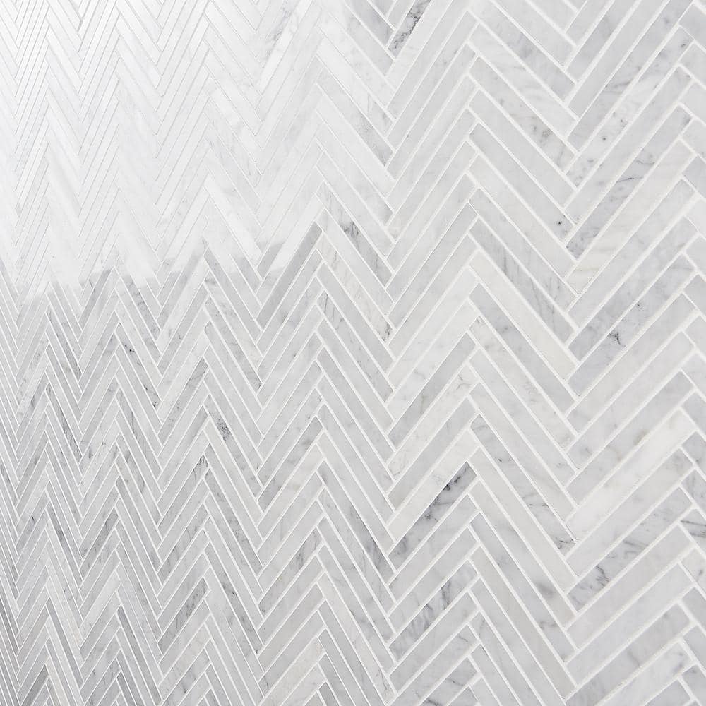 Carrara White Polished Marble Herringbone Mosaic Tile