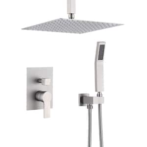 Single Handle 1-Spray Ceiling Mount 12in. Shower Faucet 1.8 GPM with Pressure Balance in. Brushed Nickel(Valve Included)