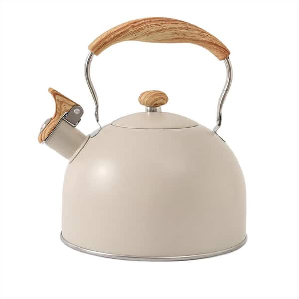 10-Cup Stainless Steel Tea Kettle with Wood Pattern Folding Handle, 2.5 qt. Whistling Tea Kettle for Stove Top, Cream