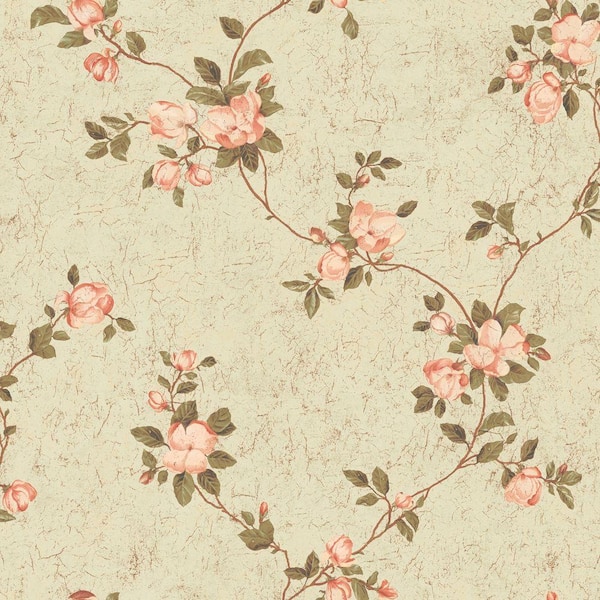 The Wallpaper Company 56 sq. ft. Peach and Green Magnolia Blossoms Wallpaper