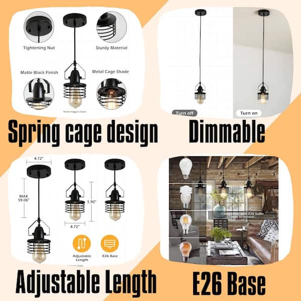 Vintage 60-Watt 1-Light Matte Black Round Cage Pendant Light with Metal Shade(No Bulbs)