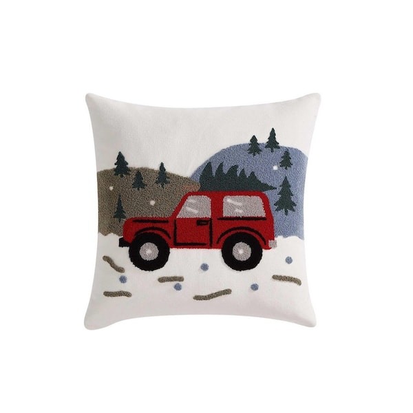 Holiday Truck Tree 1-Piece Coconut White/Blue/Red Cotton Canvas Percale 20 in. x 20 in. Decorative Pillow