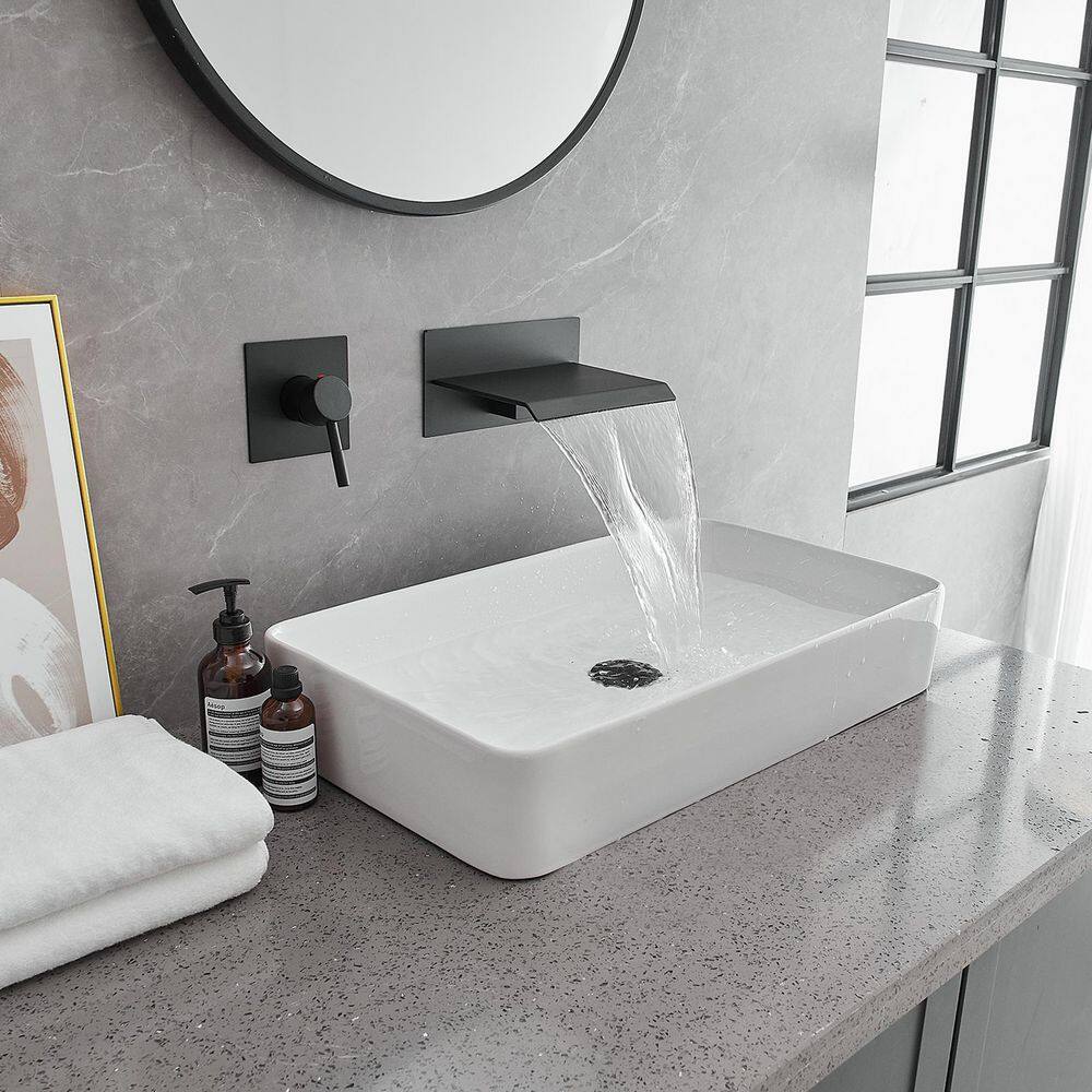 Matte Black Wall-Mount Waterfall Bathroom Faucet with Lever Handle