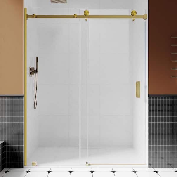 UNIKOO UKS05 61 to 65 in. W x 76 in. H U-Channel Sliding Frameless Shower Door in Satin Brass, EnduroShield 3/8 in. Clear Glass