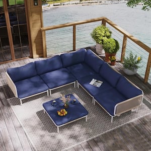 6-Piece Metal Outdoor Sectional Sofa with Navy Blue Cushions Eight Armrest