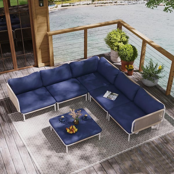 Pellebant 6-Piece Metal Outdoor Sectional Sofa with Navy Blue Cushions Eight Armrest