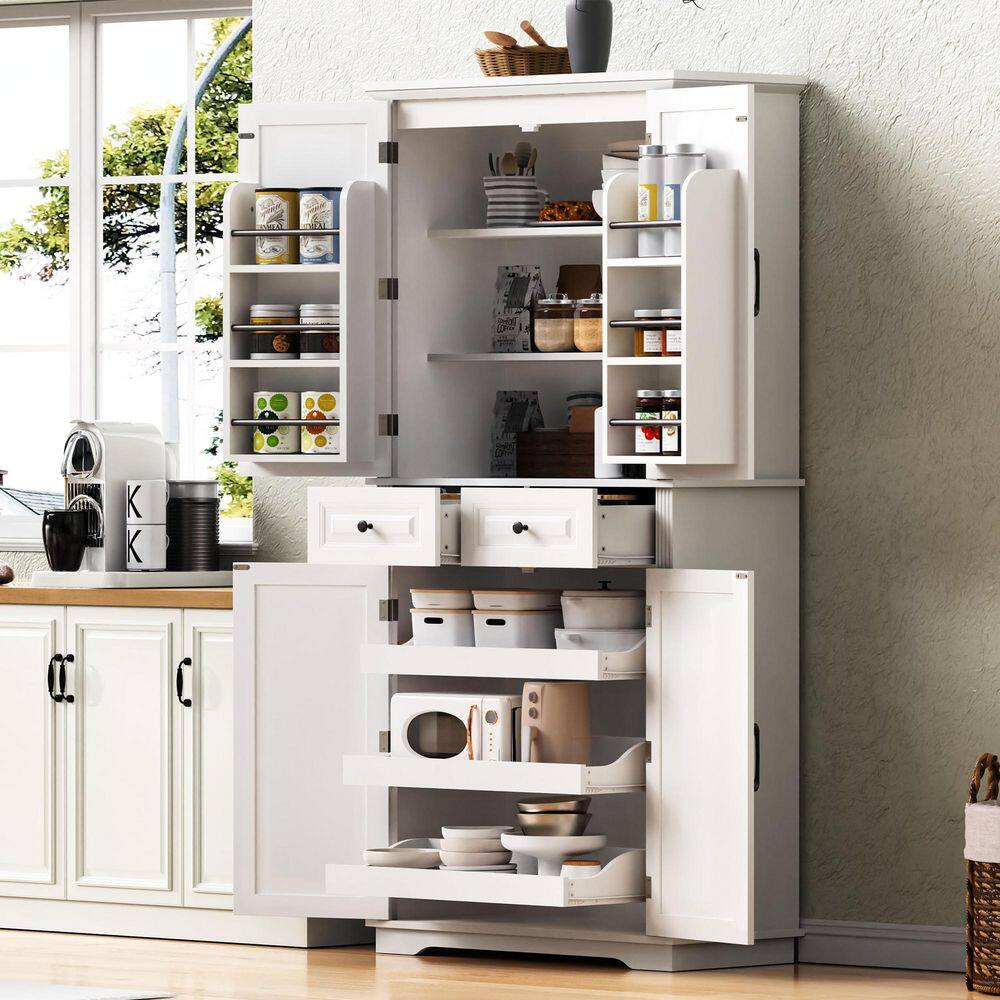 Freestanding White 71 in. Tall Kitchen Pantry Cabinet Storage Cabinet with Door Shelves and 2 Drawers