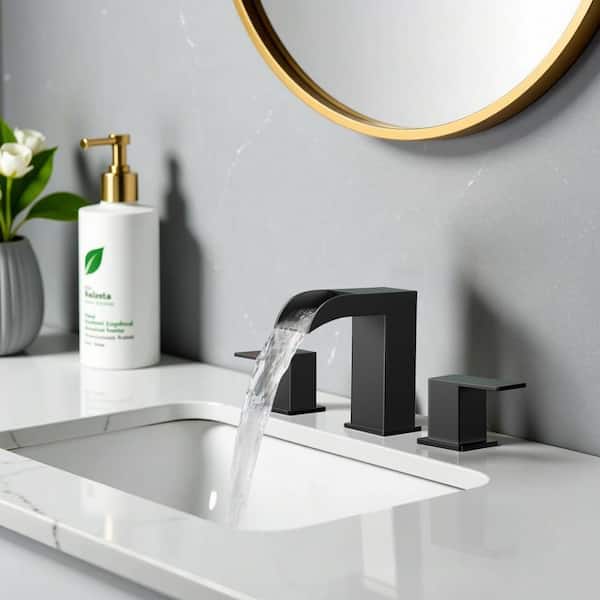 8 in. Widespread Double Handle Bathroom Faucet with Drip-Free Ceramic Disc Valve 1.5 GPM Waterfall Design in Black