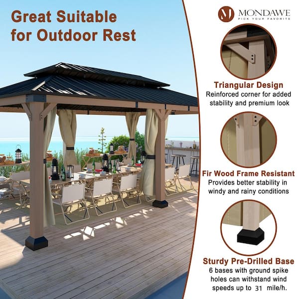 Beverly Hills 12 ft. x 20 ft. Cedar Wood Frame Outdoor Patio Gazebo with Galvanized Steel Double Hardtop and Curtains