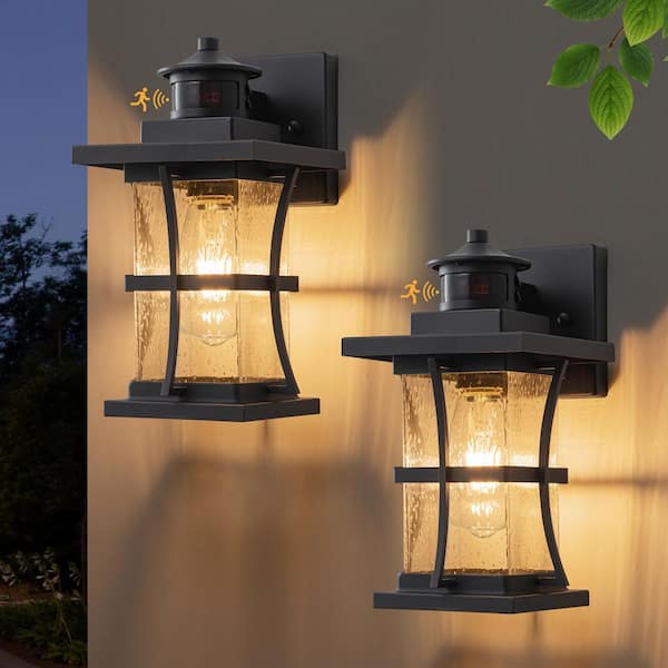 11.25 in. Black Motion Sensing Dusk to Dawn Outdoor Hardwired Wall Lantern Sconce with No Bulbs Included (2-Pack)