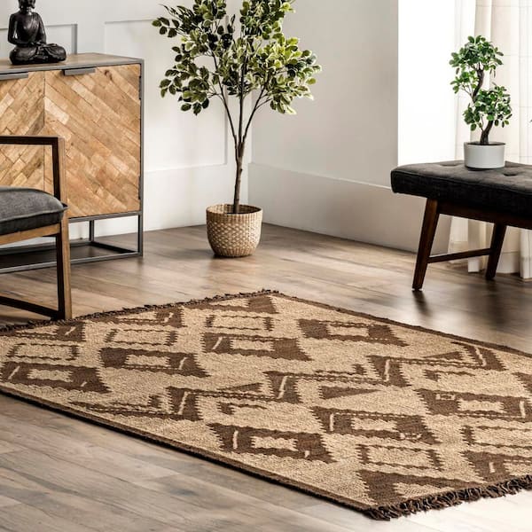 Tegan Bohemain Diamond Leather and Jute Area Rug Natural 9' ft. x 12' ft. Area Rug