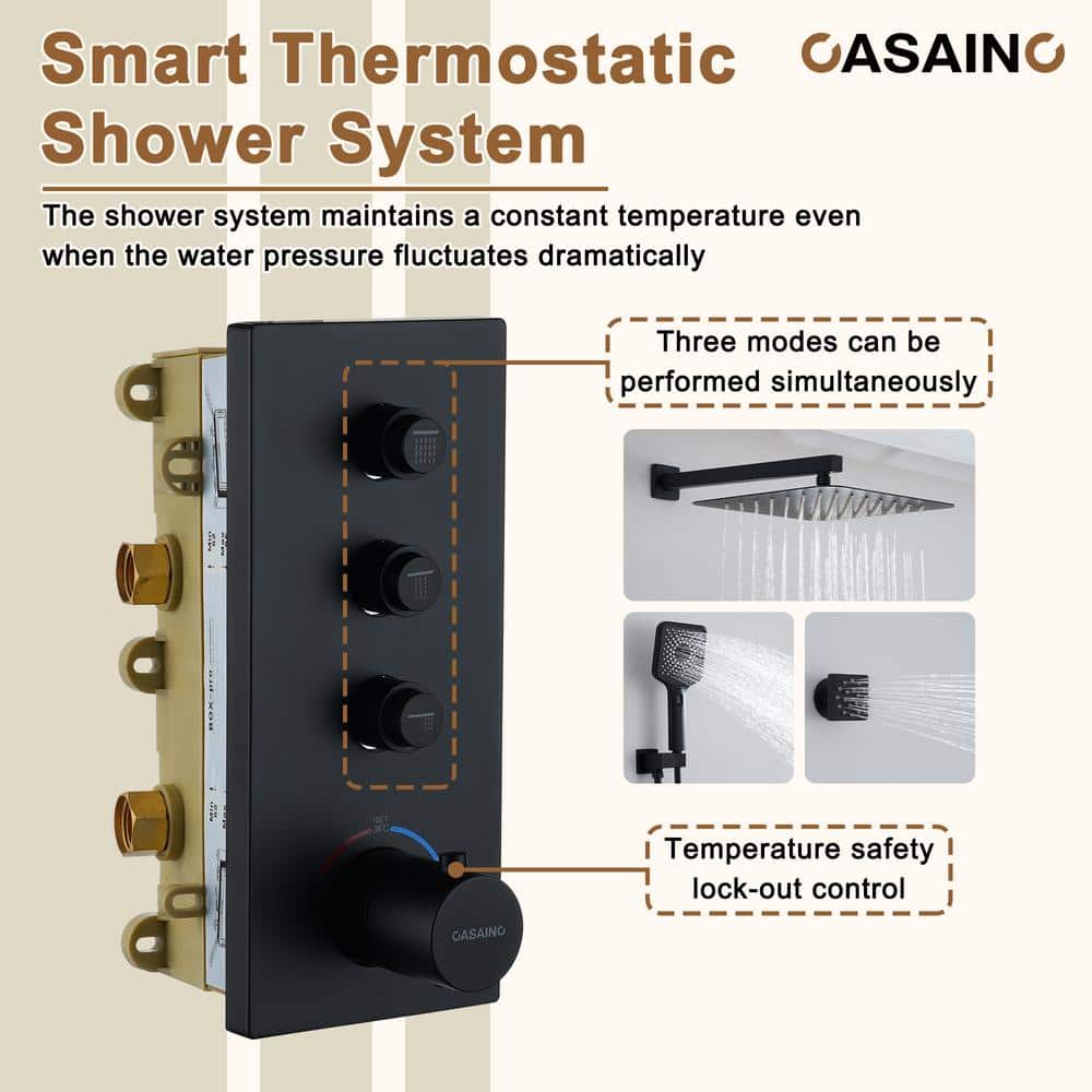 Matte Black 12-Inch Wall Mount Shower System with 6 Body Jets