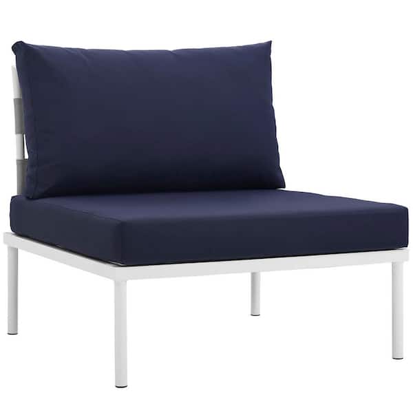 MODWAY Harmony Armless Aluminum Outdoor Patio Lounge Chair in White with Navy Cushions