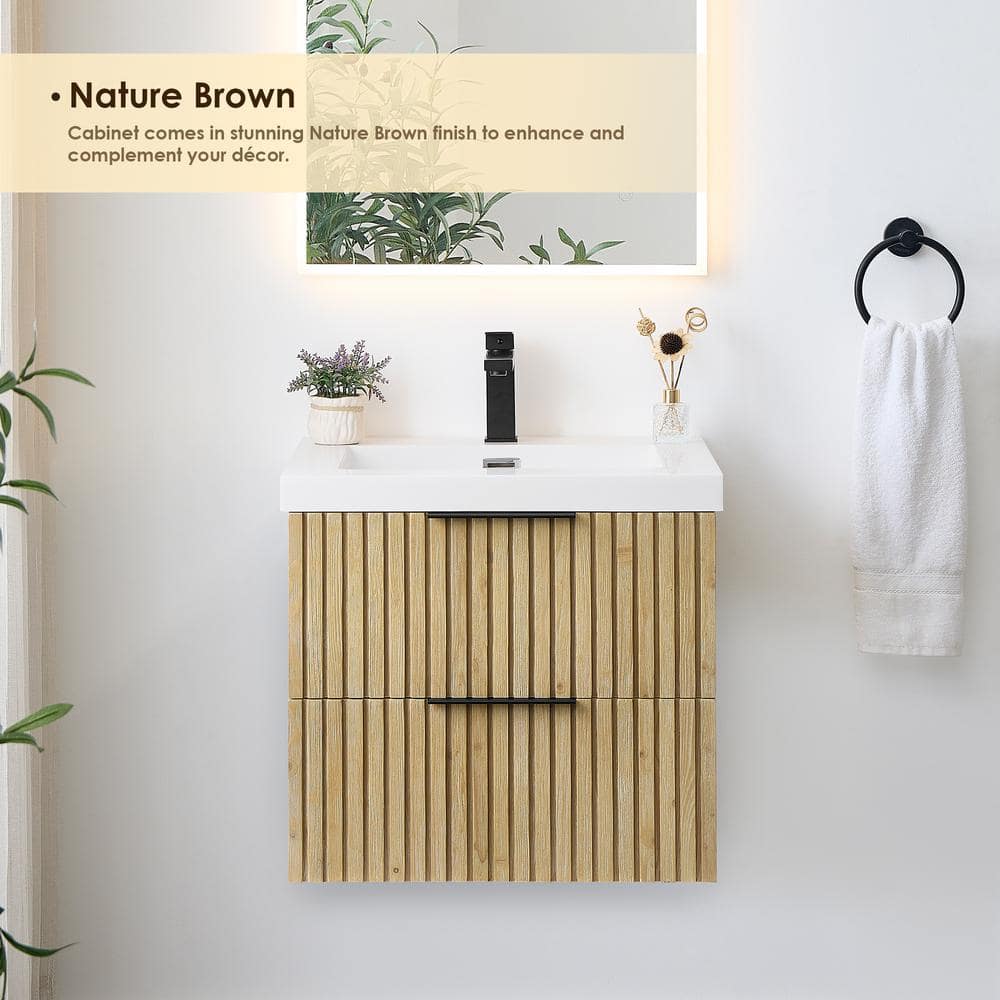 Livia 24" Nature Brown Fir Wood Wall-Mounted Vanity with White Sink