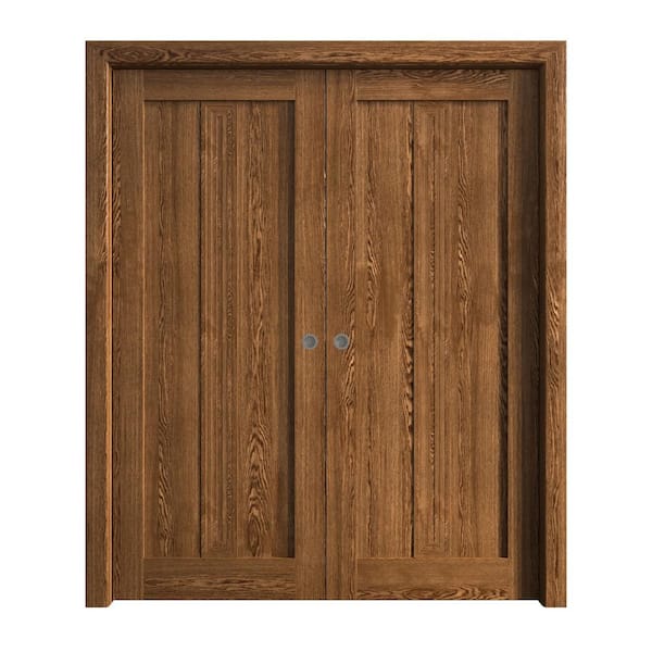 Sartodoors 84 in. x 96 in. Cognac Oak Solid Wood Double Pocket Doors With Hardware