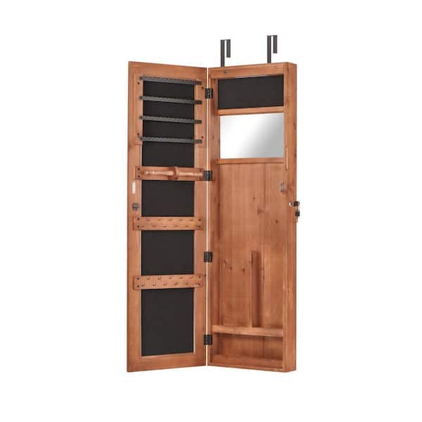 Brown Solid Wood Wall-Mounted Lockable Jewelry Armoire Organizer Cabinet with Full-Length Mirror and LED Light