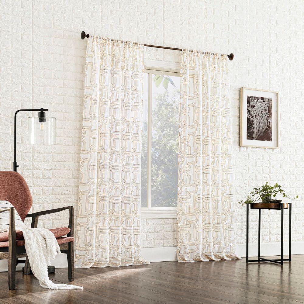 Champagne Sheer Embroidered Polyester Rod Pocket Curtain Panel, 50" x 63"