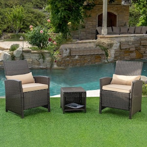 3-Piece Wicker Outdoor Bistro Set with Light Yellow Cushions