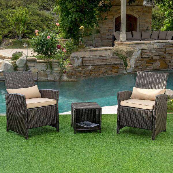 Crestlive Products 3-Piece Wicker Outdoor Bistro Set with Light Yellow Cushions