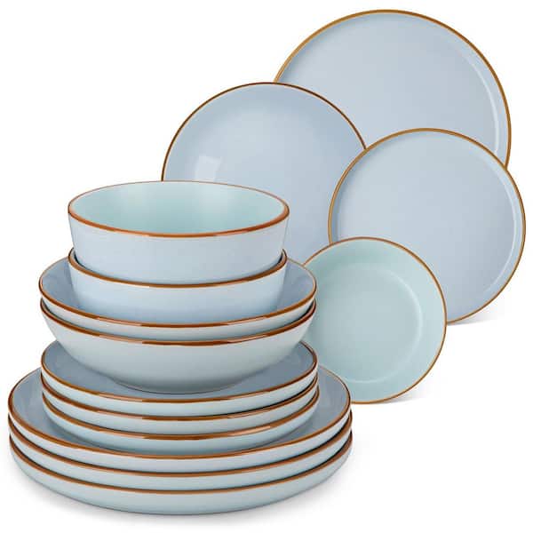 16-Piece Blue Stoneware Dinnerware Set (Service for 4) Tableware Bowls and Plates Dining Set with 32 oz. Pasta Bowls