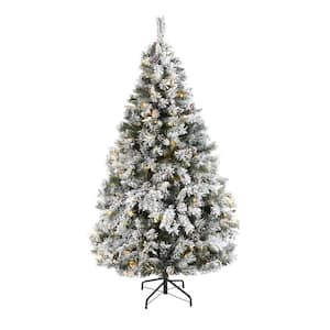 6 ft. White Pre-Lit Flocked River Mountain Pine Artificial Christmas Tree with Pine Cones and 250 Clear LED Lights