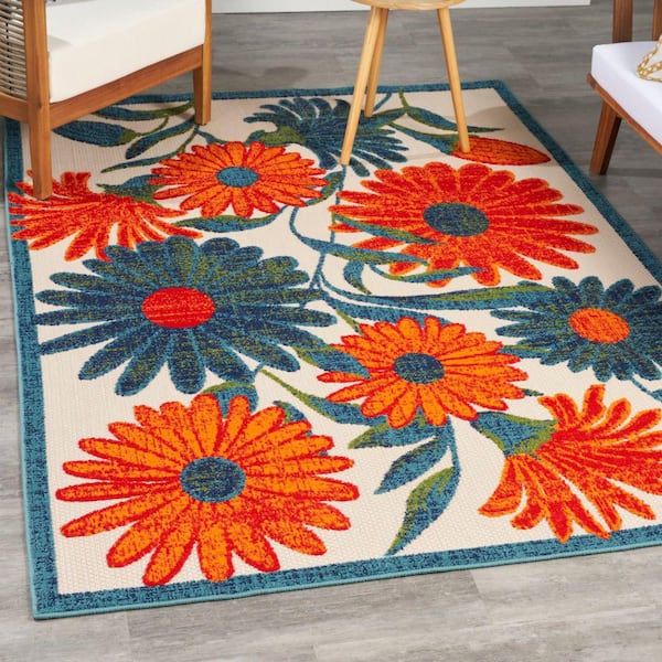 Aloha Ivory Multicolor 5 ft. x 8 ft. Floral Contemporary Indoor/Outdoor Area Rug