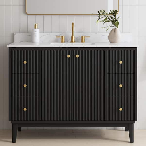 Sylvie 48 in. Single Sink Fluted Black Bathroom Vanity with Carrara Venato Engineered Stone Top (Assembled)