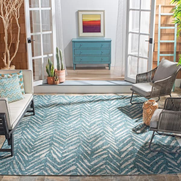 Courtyard Blue/Gray 9 ft. x 12 ft. Distressed Chevron Indoor/Outdoor Patio  Area Rug
