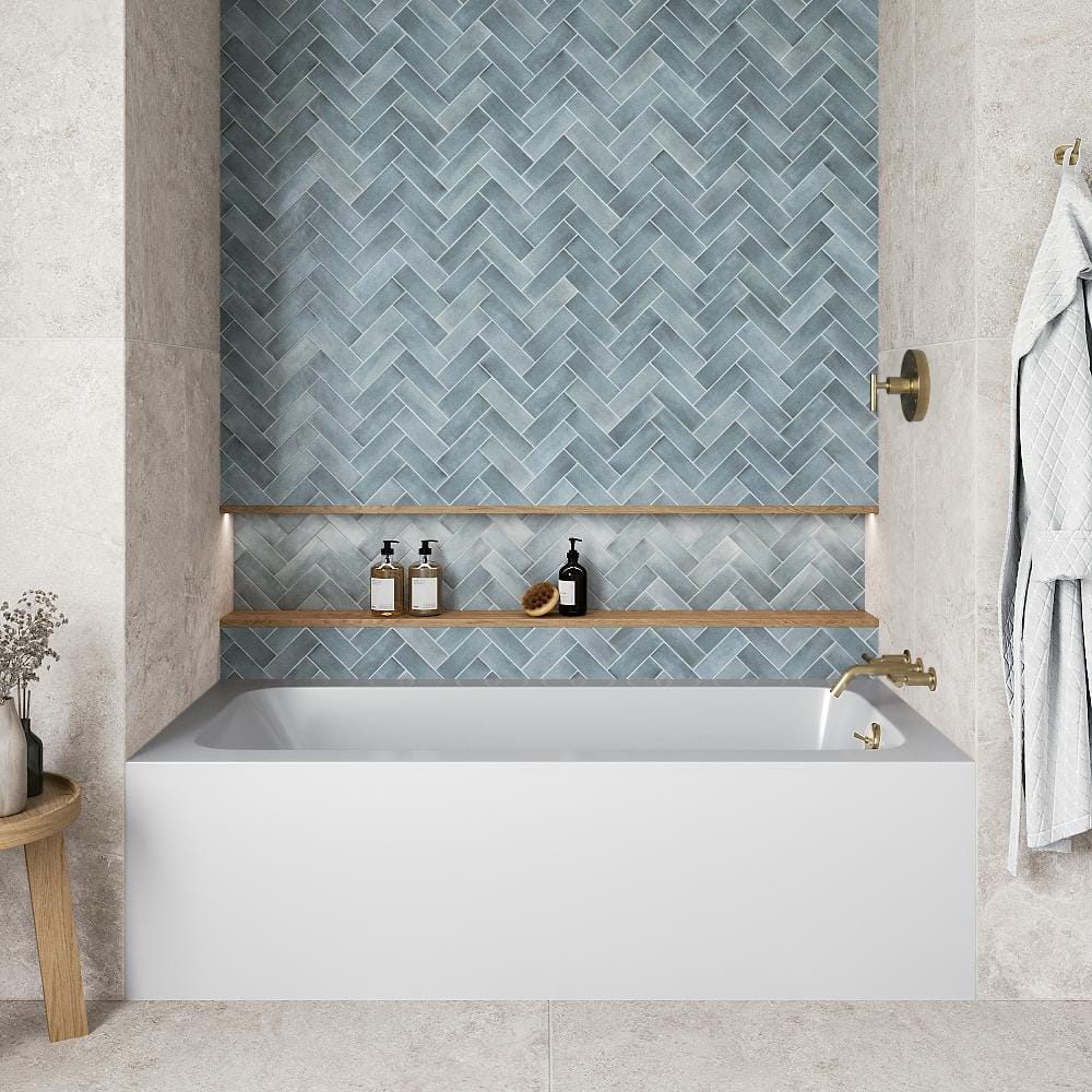 Glossy White Acrylic Rectangular Alcove Bathtub with Polished Brass Drain
