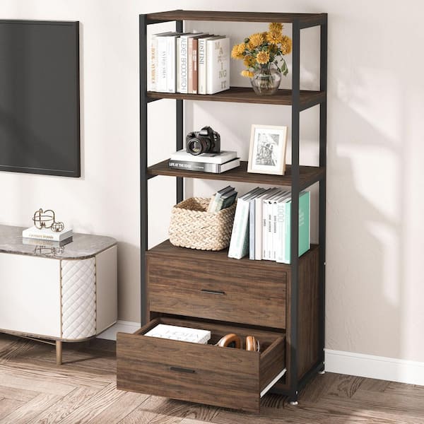 Eulas 59 in. Tall Brown Black Wood 2-Drawers Etagere Bookcase 4-Tier Display Shelves Book Storage Organizer Home Office