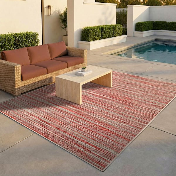 Monaco Alassio Sand-Maroon-Salmon 8 ft. x 11 ft. Striped Low-Profile Indoor/Outdoor Area Rug