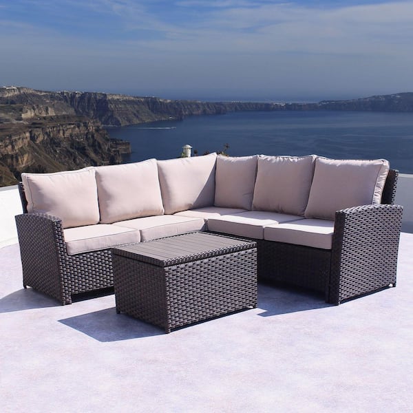Courtyard Casual Rooftop Collection Brown Wicker Outdoor Sectional Set with Oatmeal Cushions (3-Piece)